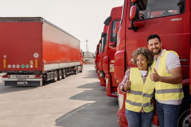 A happy team of a woman and man fleet driver give a thumb’s up in front of their truck.