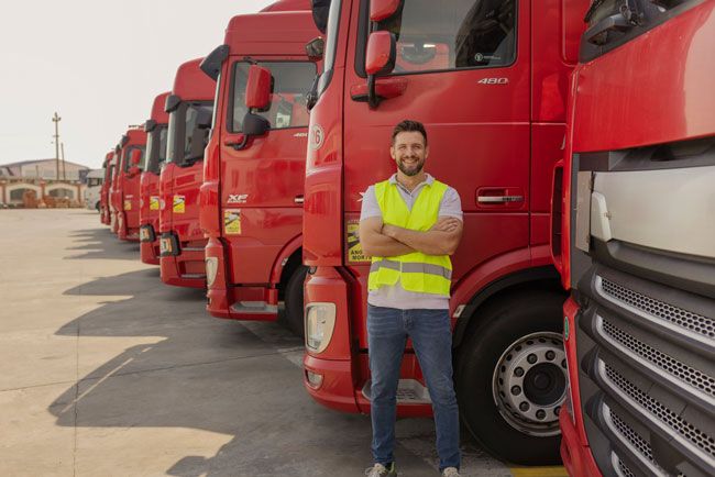 A fleet driver stands outside a line up of fleet vehicles.