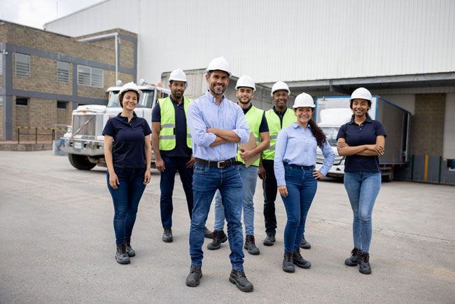 A group of fleet drivers stands outside their building.