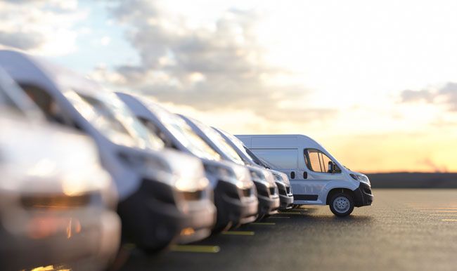 A row of vans in a small fleet of vehicles.