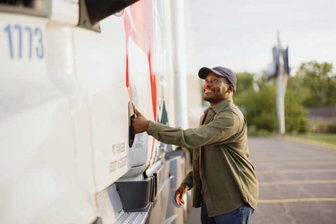 A happy truck driver is outside and about to get into his fleet truck.