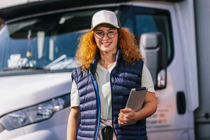 A happy truck driver holds her tablet standing outside her fleet vehicle.