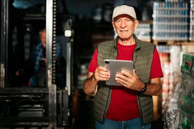 A fleet owner happily reviews data on his fleet in real-time on his tablet.