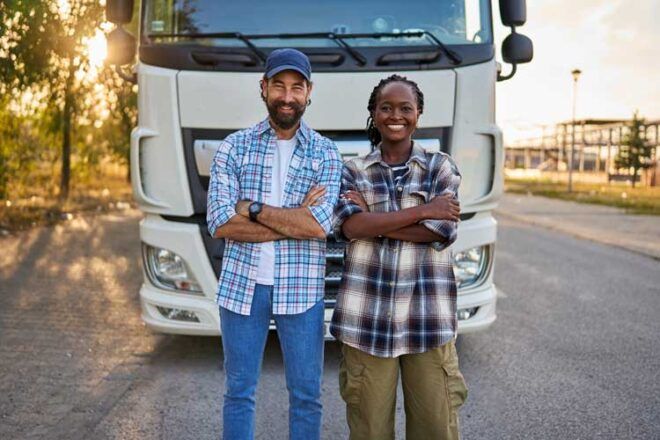 A male and female truck driver stand smiling in front of their fleet truck.